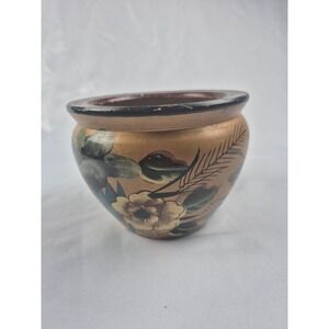 Vintage Hand Painted Floral Cachepot Planter Gold‎ Black Pot Made in China 5.5"